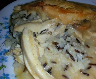 Kylling med champignon, aspargessauce og butterdej