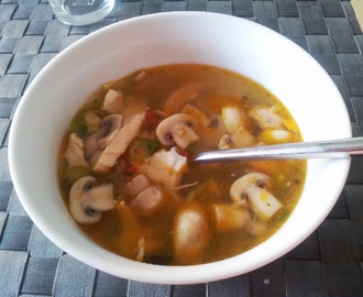 Thaisuppe med kylling og champignon (af resterne fra barbecuekyllingen)
