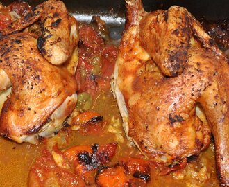 Ovnstegt kylling med ris/bulgur, bønnespirer og tomatsovs