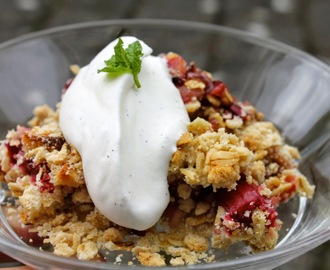 Rabarbercrumble med marcipan og skyr-flødeskum