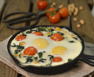 Spinach Skillet with Chickpeas, Fried Eggs and Tomatoes