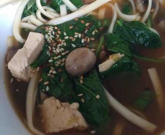 nem miso suppe med kylling og udon nudler
