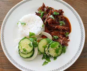 PULLED BEEF i Crok-Pot - Asian style ♫♪ Servert med jasminris og syrlig agurksalat med fennikel !