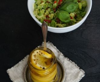 Säilötyillä sitruunoilla höystettyä härkäpapusalaattia / Broad bean salad with preserved lemons