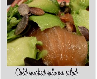 Cold smoked salmon salad with fresh figs and avocado
