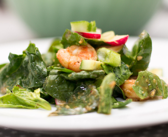 Spinat og avokadosalat med spicy scampi, redikk, vårløk, agurk og miso- og limedressing