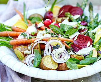 Sallad med primörer, färska örter och krämig örtdressing