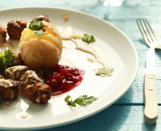 Homemade IKEA food: swedish meatballs with potatoes, brown sauce and lingonberry jam