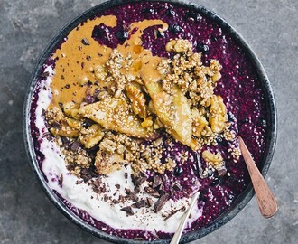 Blueberry Chia Bowl with Warm Banana and Sesame Brittle