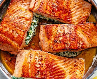 Creamy Spinach Stuffed Salmon in Garlic Butter