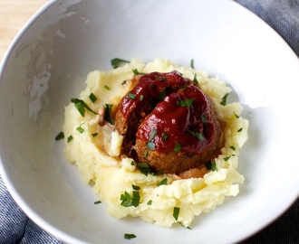 tomato-glazed meatloaves with brown butter mashed potatoes