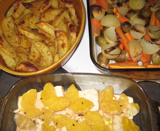 Apelsin- och ingefärsbakad tofu med klyftpotatis med paprika och spiskummin, samt rostade grönsaker