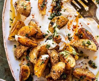 Crispy Oregano Roasted Potatoes with Creamy Feta Sauce.