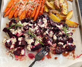 Rostade rotfrukter med fetaost & parmesanost