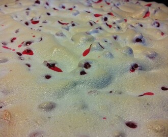 Rödvinbärskaka med marängtäcke i långpanna