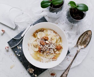 Soygurt Bowl with Pear and Ginger Cream, and Hazelnut and Coconut Granola