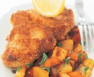 Senapspanerad skinkschnitzel med rotfruktspytt