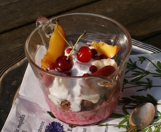 Chocolate oats pudding with sweet peach stir and raspberry mish-mash!