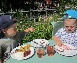 Kakbuffé på Flora i Öregrund, färska räkor, salta bad och en kyckling och jordgubbssallad i all enkelhet