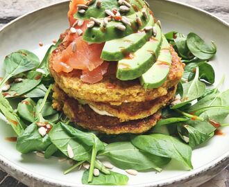 Quinoa- och pumpapannkakor med kallrökt lax och avokado