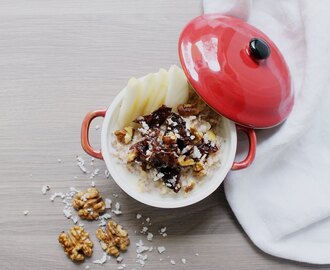 Apple Porridge with Coconut Flakes, and Dried Fruit & Nut Compote