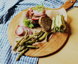 Goat Cheese Stuffed Basil Hamburger w Zucchini & Haricot Verts