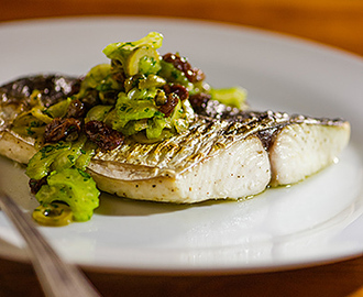 Broiled Mackerel with Green Olive, Celery and Raisin Salsa