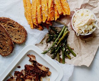 Pulled Pork, Sesame Seed Sweet Potato Fries, Coleslaw, Grilled Garlic Asparagus & Sourdough Bread