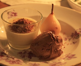 Inkokta gråpäron med pepparmintspannacotta och chokladglass