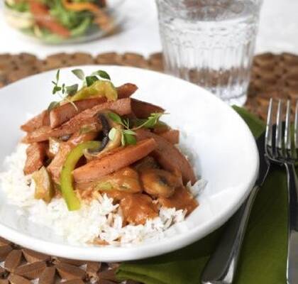 Korv Stroganoff med paprika och svamp