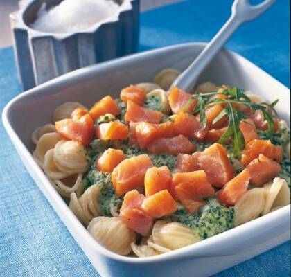 Pasta med ruccolasås och kallrökt lax