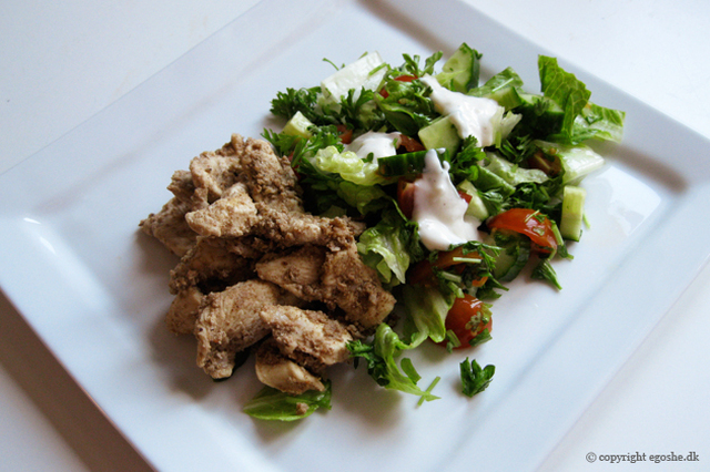 Kyllingekebab med salat og yoghurtdressing