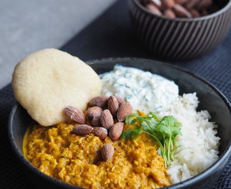 Dahl, Indisk linsegryde serveret med hjemmelavet brød og tzatziki