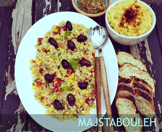 TABOULEH MED MAJS, BABA GANOUSH OG HUMMUS