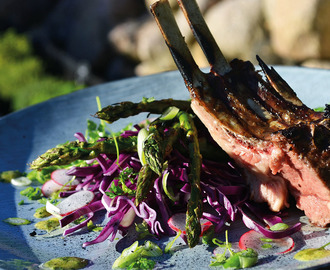 Lammekrone med salat af violet spidskål, grønne asparges og radiser med løvstikke vinaigrette