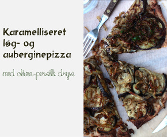 Karamelliseret løg- og aubergine"pizza" tærte