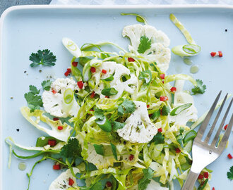 Salat af blomkål og spidskål med sesamdressing