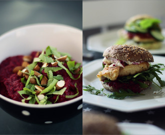 Burger med kylling, rødebedepesto og mayo