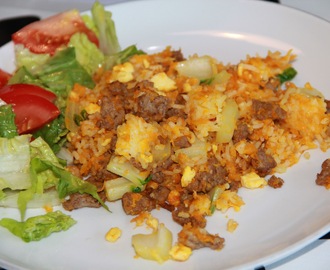 Stegte ris med oksekød, æg og pakchoy samt grøn salat