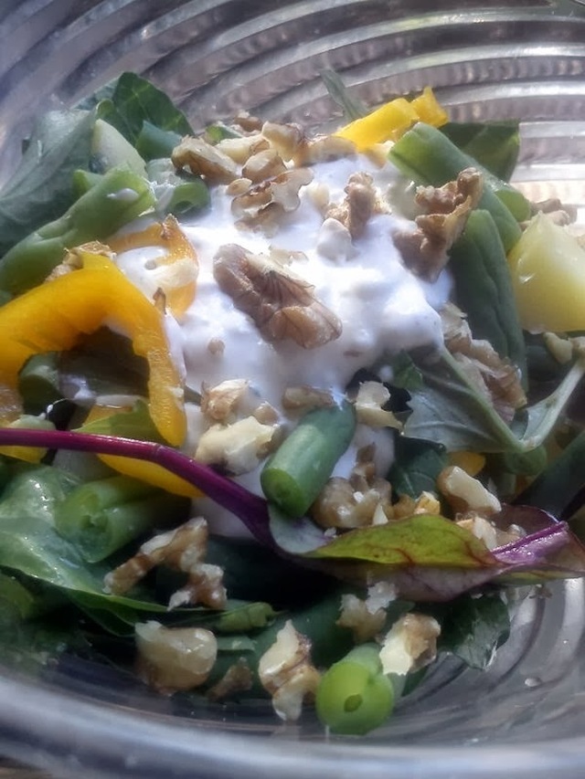 Grøn Bønne, kartoffel salat med blåost dressing og appelsin