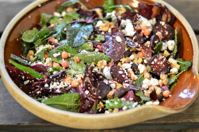 NYE salad – roasted beetroots, chickpeas, feta and nuts with balsamic vinegar