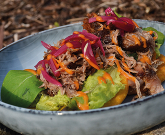 Arepas med nakkekam, guacamole og syltede rødløg