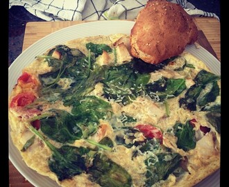 Omelet med  kylling, babyspinat, tomat  og parmesan