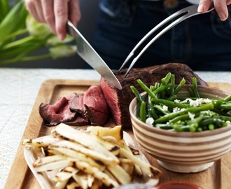 Roastbeef med bønnesalat og grillede rodfrugter