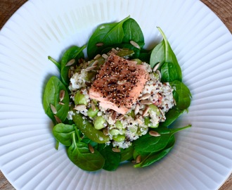 Quinoasalat med varmrøget laks, feta og fransk dressing