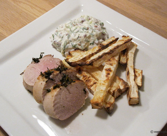 Mørbrad med sellerifritter og bacontzatziki