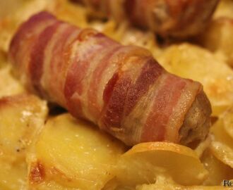 Baconruller på kartoffel/porrebund