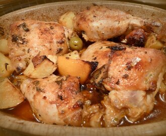 One dish chicken with lemon, olives and chorizo