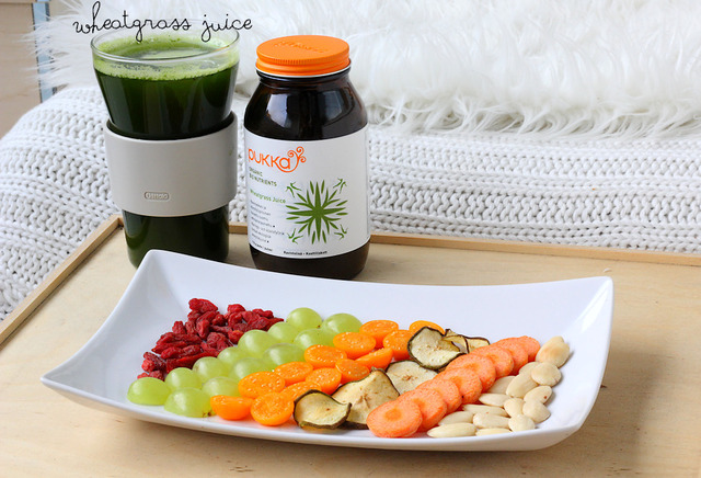 Colorful Breakfast Plate and Wheatgrass Juice