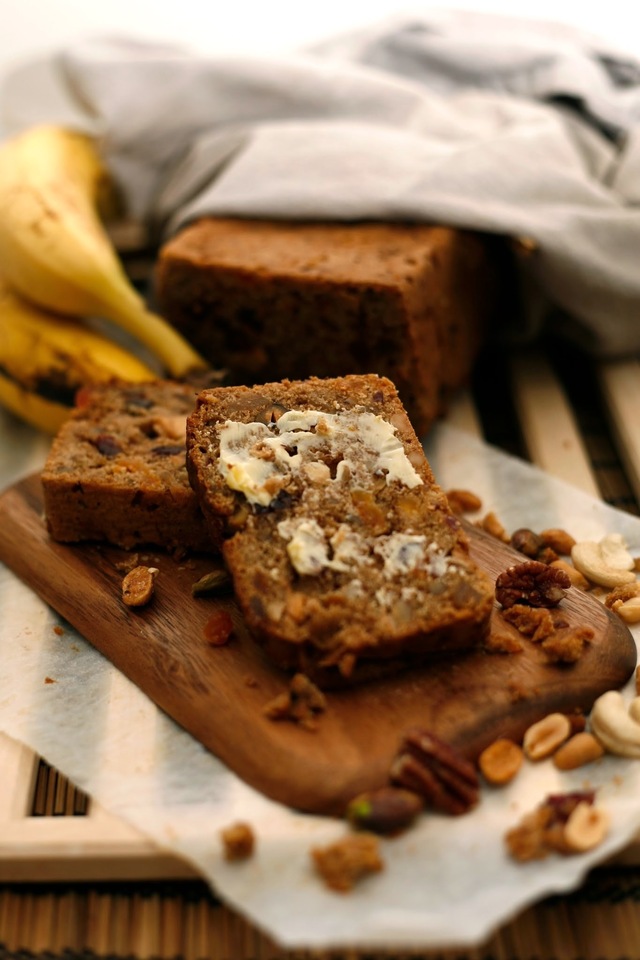 Banana bread with fruit and nuts